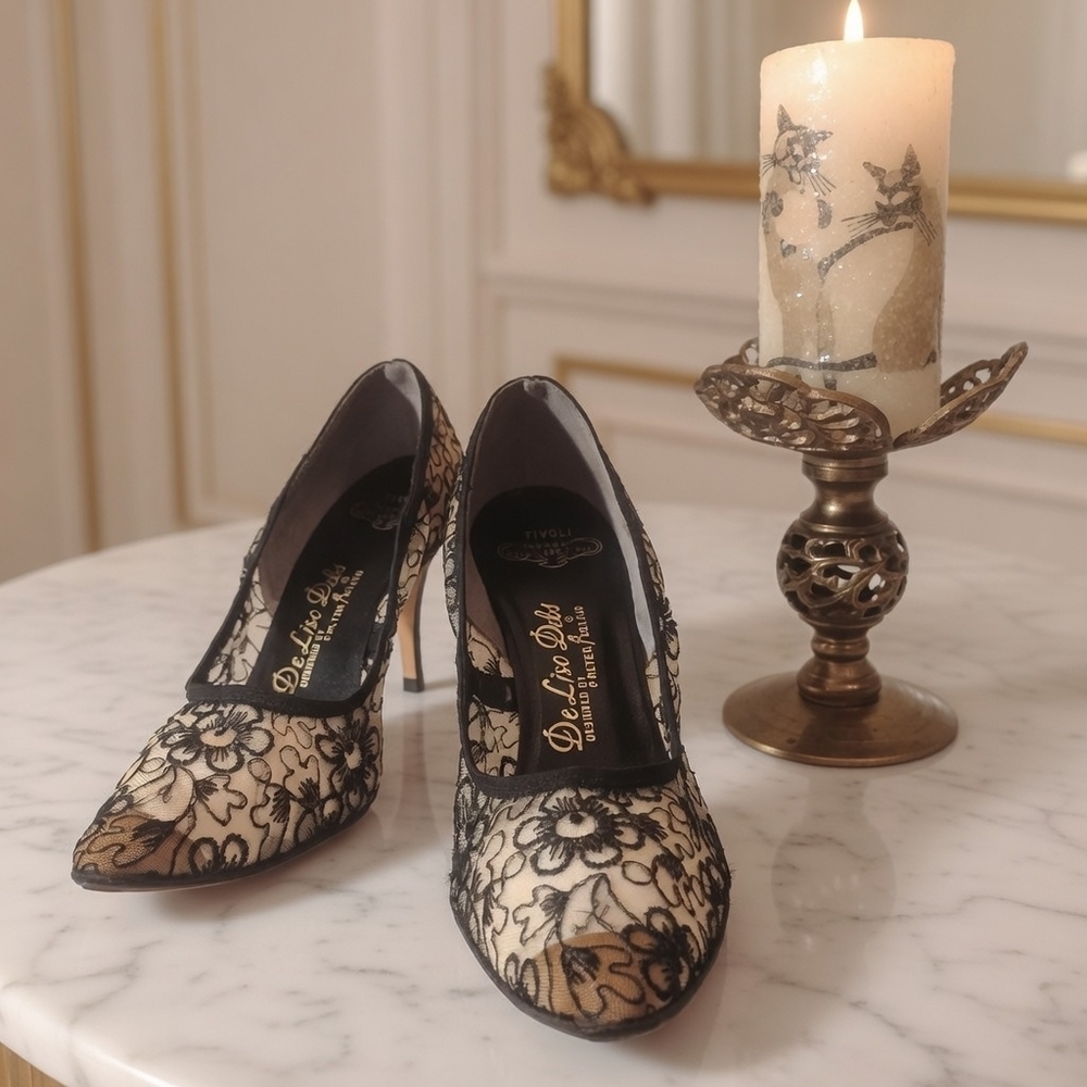 Vintage 1950s-60s De Liso Debs Palter Deliso Cream Black Floral Lace Stiletto He - Picture 10 of 10